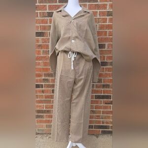 Vtg 80s Pajama Set-SASSON Paris New York M Tan Brown Grid Check 50/50 USA RN1678